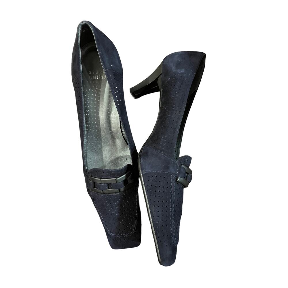 Stuart Weitzman Dark Navy and Black Suede Square Toe Pump 8.5